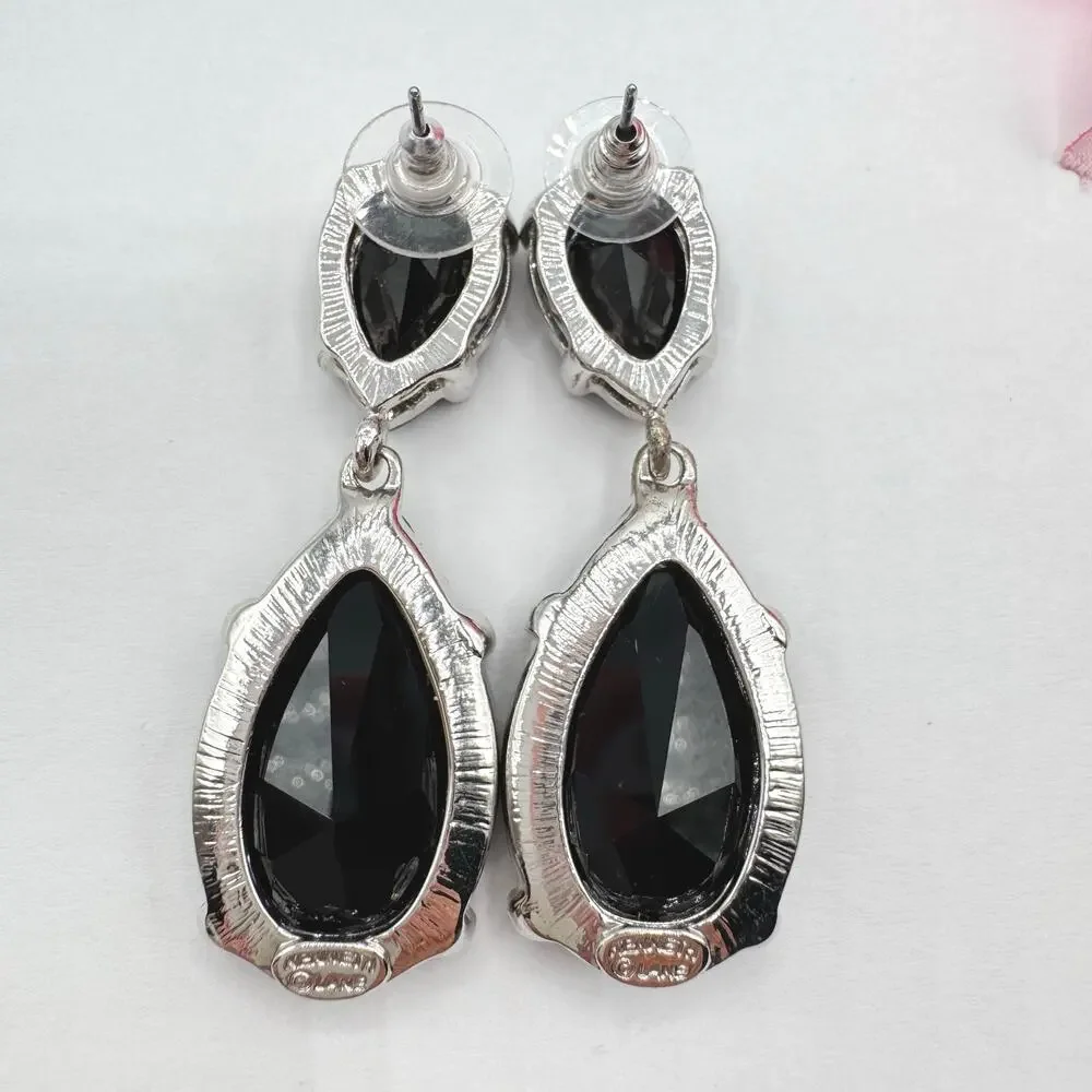 Kenneth Jay Lane Black Crystal Teardrop Earrings Silver Tone Signed Glam Gala - Picture 3 of 7
